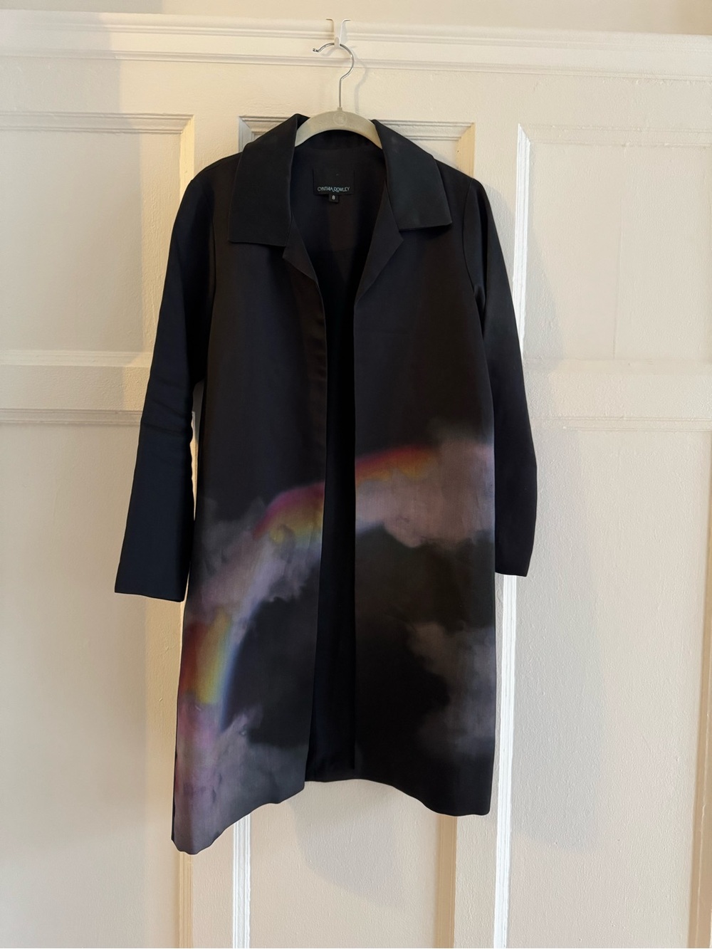Cynthia Rowley Black Coat with Subtle Rainbow Print